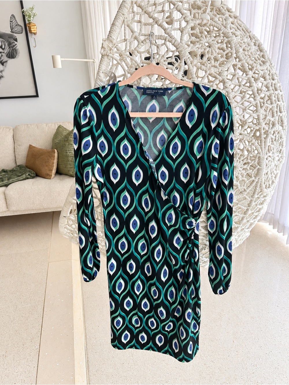 Jones New York Green, Teal & Navy Geometric Wrap Dress
